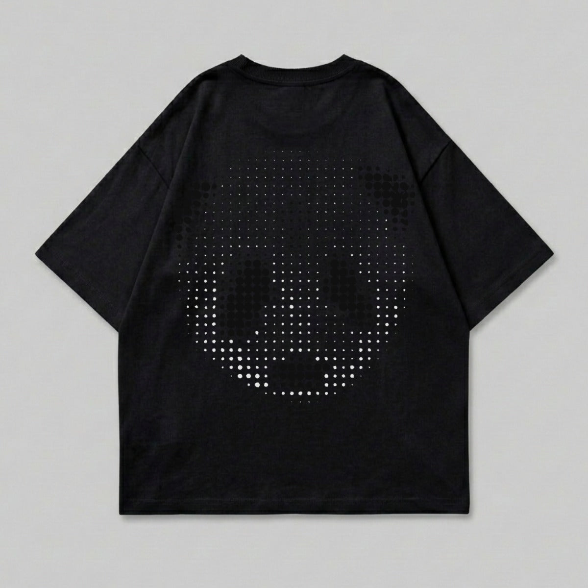 Black t-shirt with a white dotted panda face graphic on the back.