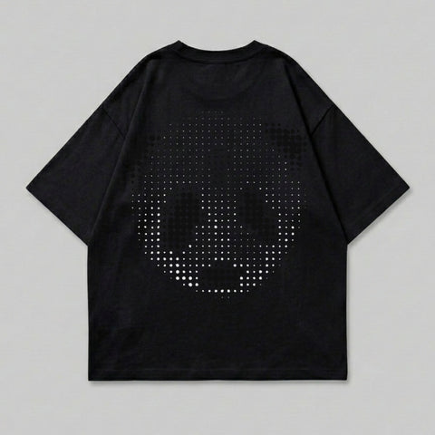 Black t-shirt with a white dotted panda face graphic on the back.