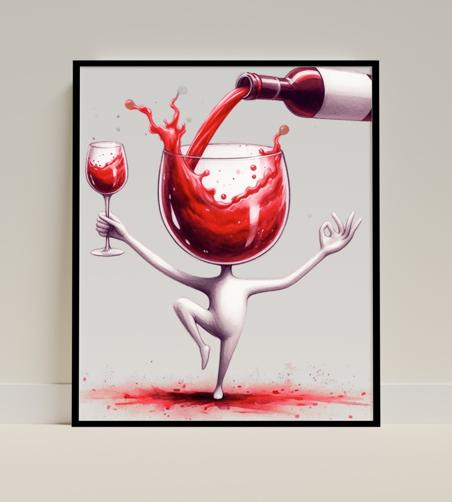 Quirky Dancing Wine Glass Art Print for Wine Lovers