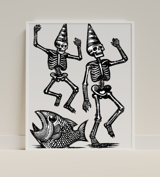 Dancing Skeletons with Fish Print Artwork