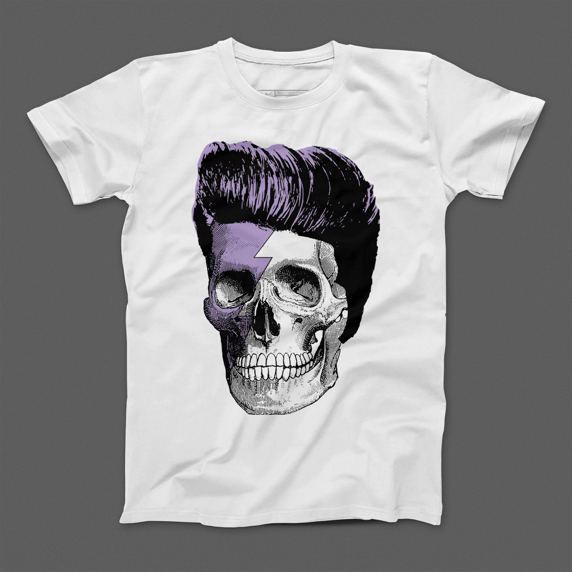 Skull with Rockabilly Hair and Lightning Bolt T-shirt