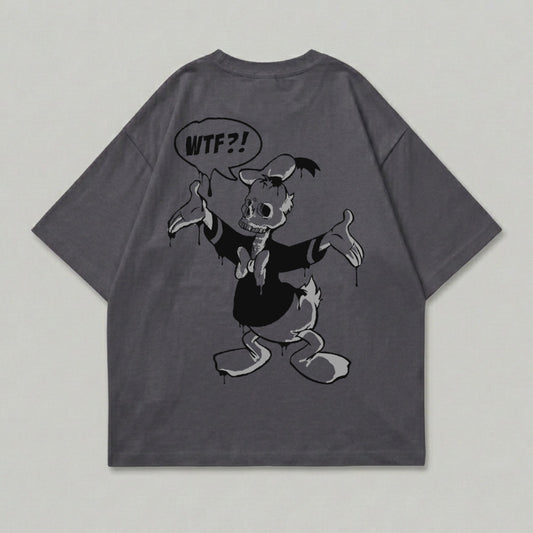 Dark t-shirt featuring a zombie-like cartoon duck character with "WTF?!" in a speech bubble.