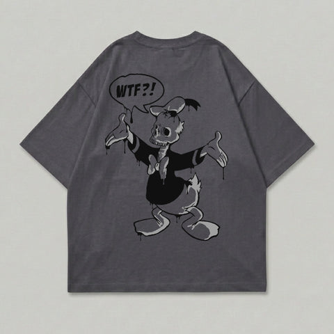 Dark t-shirt featuring a zombie-like cartoon duck character with "WTF?!" in a speech bubble.