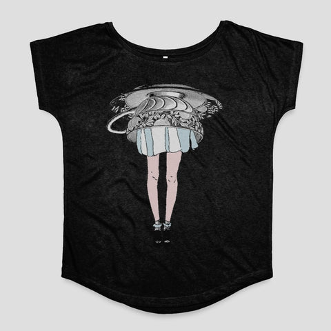 Unique Black Tee with Surreal Legs Outline Design