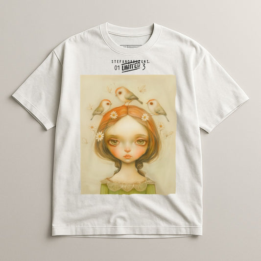 Whimsical Girl and Birds Illustration T-Shirt