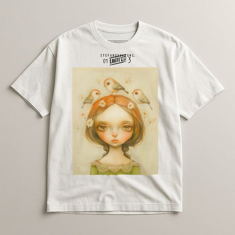 Whimsical Girl and Birds Illustration T-Shirt