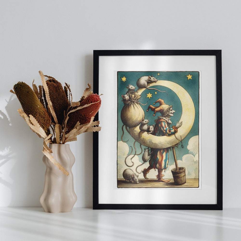 Whimsical Clown and Mice on Crescent Moon Wall Art