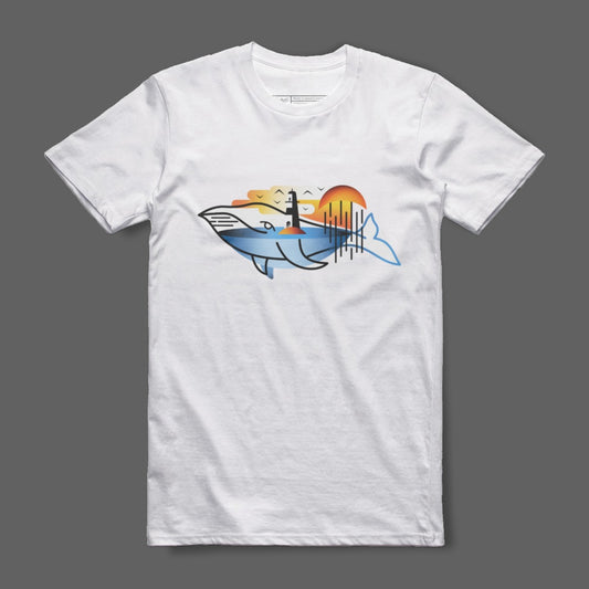 Ocean Whale Graphic Tee with Sunset Illustration