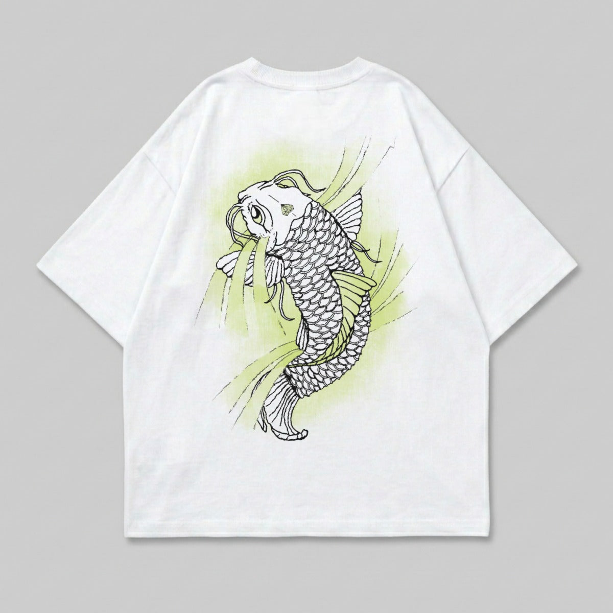 White t-shirt with black and green koi fish graphic on the back.
