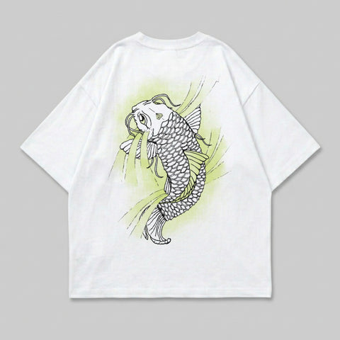 White t-shirt with black and green koi fish graphic on the back.