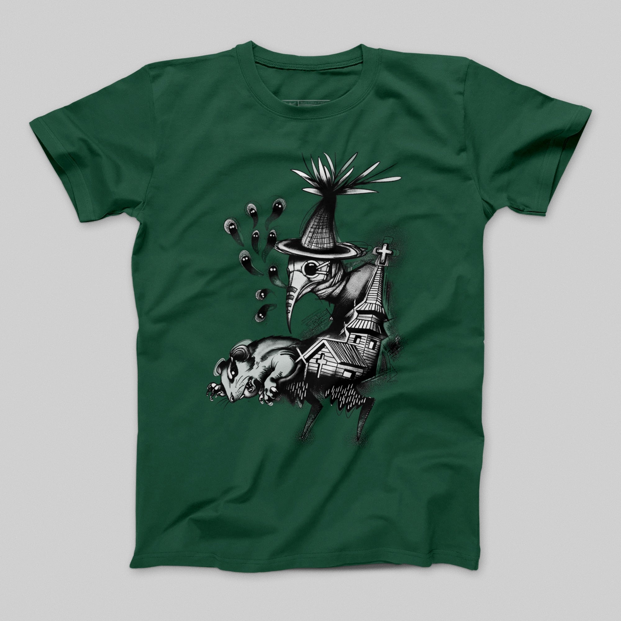 Plague Doctor with Church and Rat Graphic T-Shirt