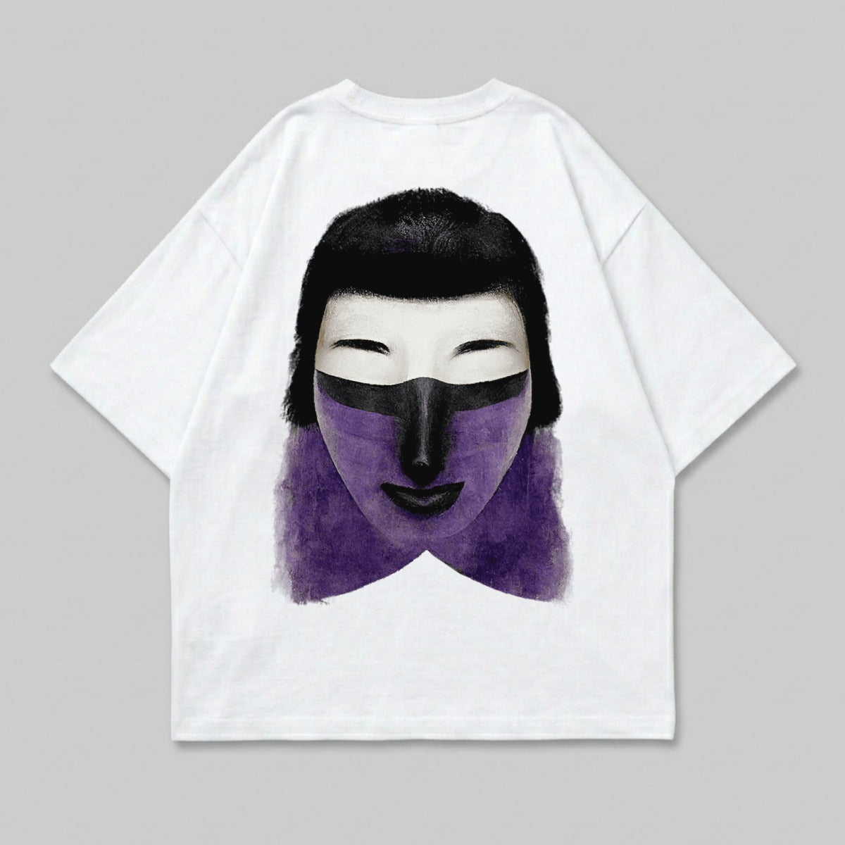 White t-shirt with abstract purple face and black hair graphic.
