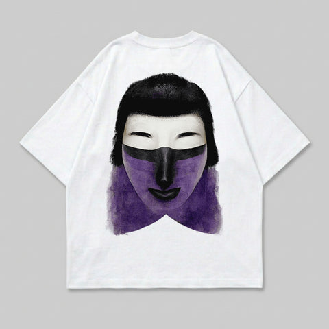 White t-shirt with abstract purple face and black hair graphic.