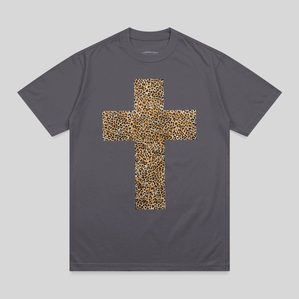 Dark grey t-shirt with a large leopard print cross graphic.