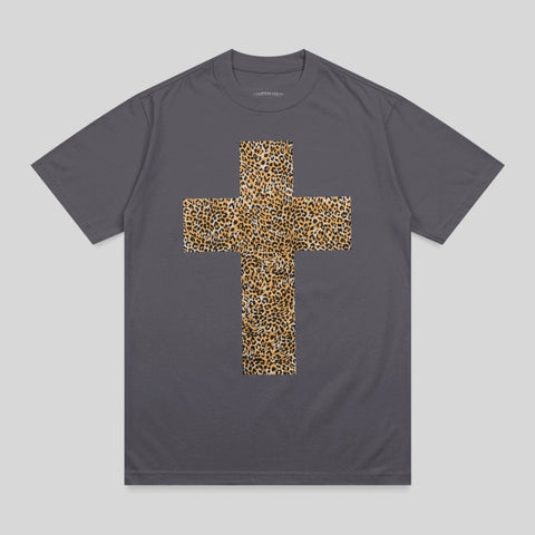 Dark grey t-shirt with a large leopard print cross graphic.