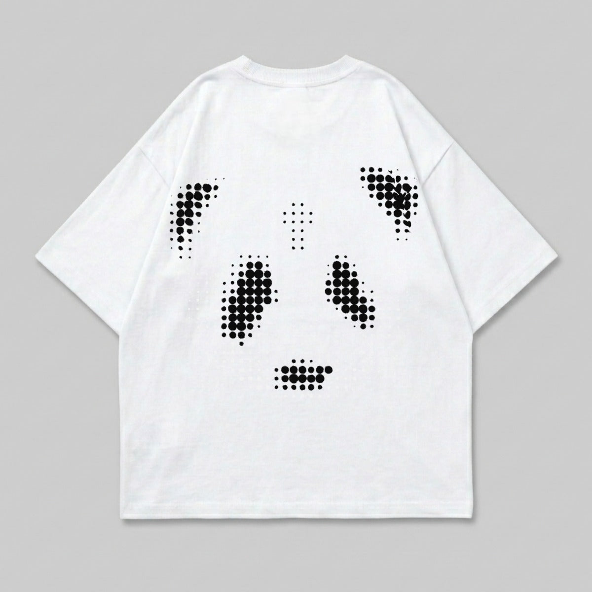 White t-shirt with a black pixelated panda face graphic on the back.