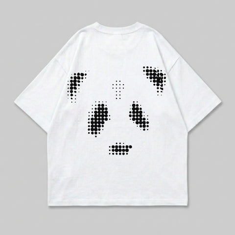 White t-shirt with a black pixelated panda face graphic on the back.