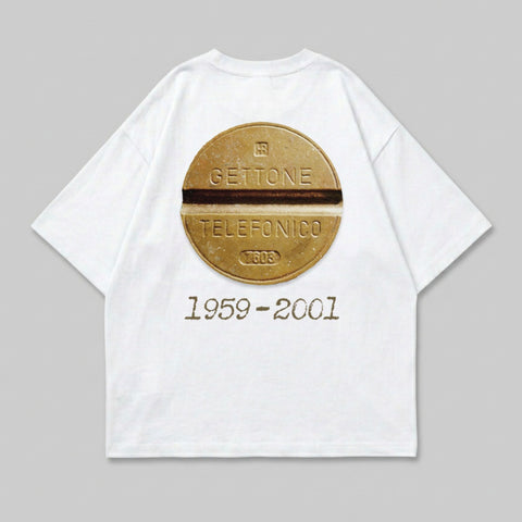 White t-shirt with "Getone Telefonico 1959-2001" text and circular logo.