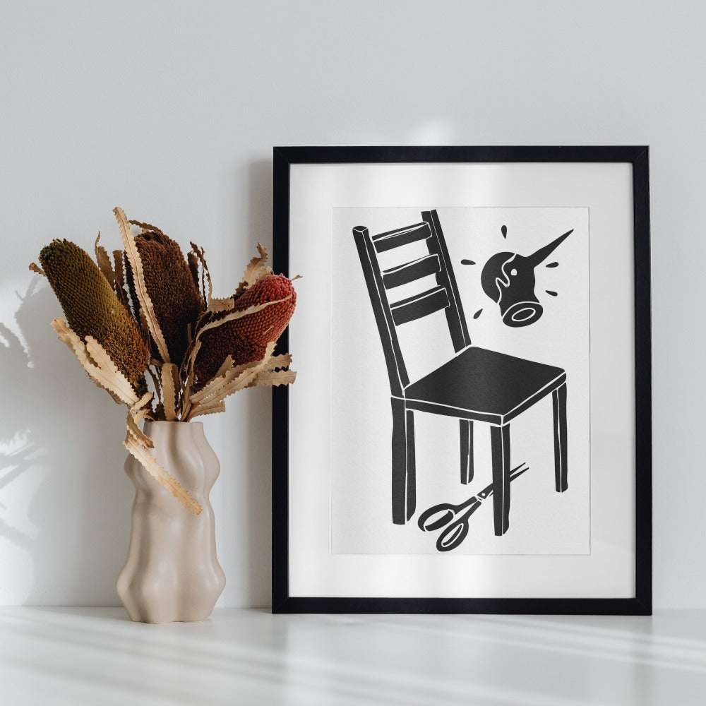 Unique Black and White Art Print of Chair and Scissors