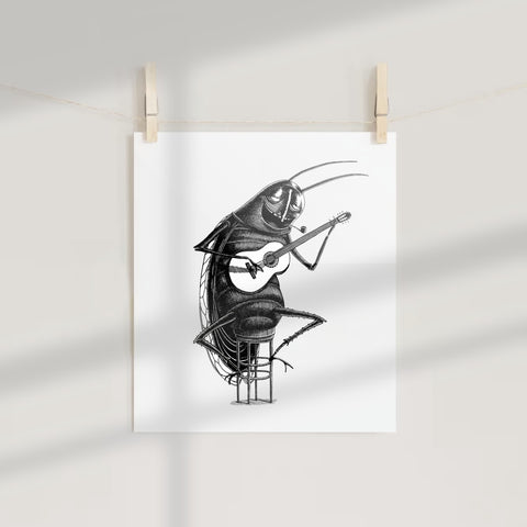 Grasshopper Playing Guitar Wall Art Decor Poster Print