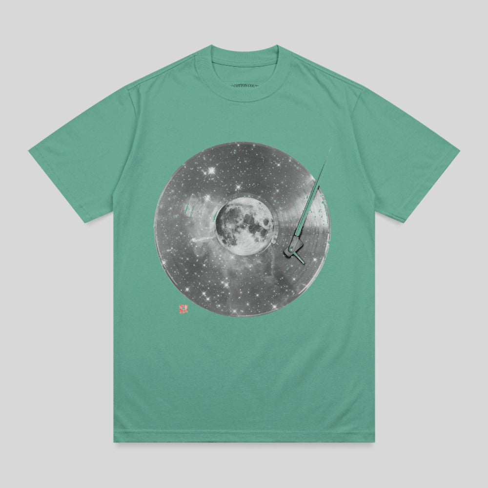 Teal t-shirt with a vintage vinyl record, moon, and stars graphic.