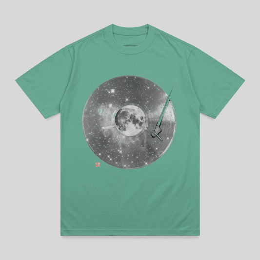 Teal t-shirt with a vintage vinyl record, moon, and stars graphic.