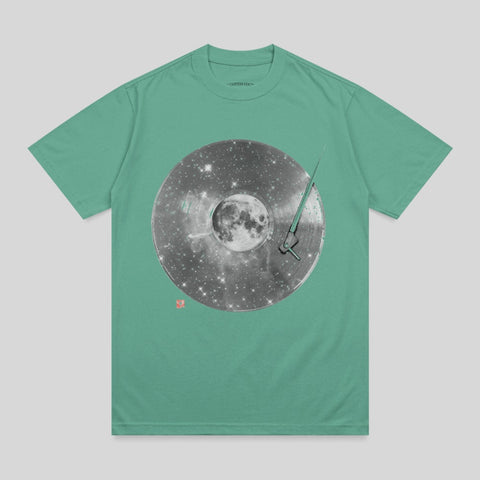 Teal t-shirt with a vintage vinyl record, moon, and stars graphic.