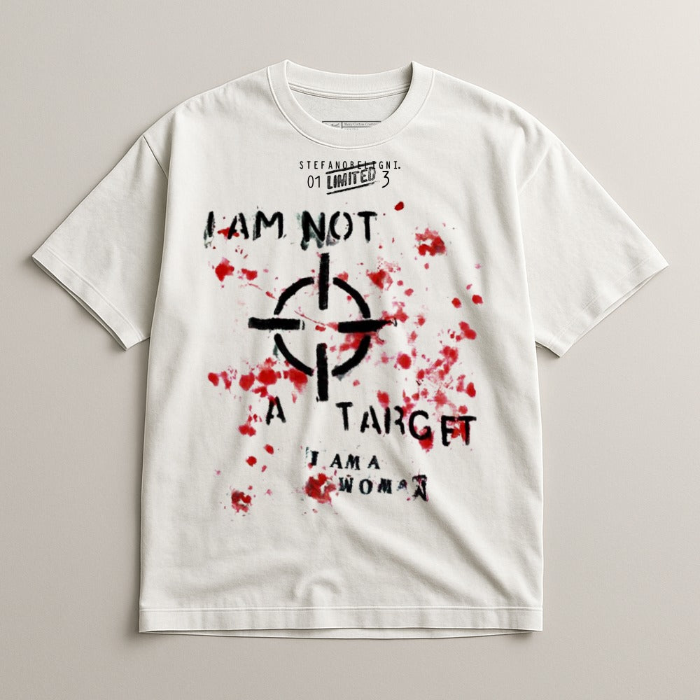 White t-shirt with black target graphic and red splatters, text reads "I AM NOT A TARGET", "I AMA WOMAN".