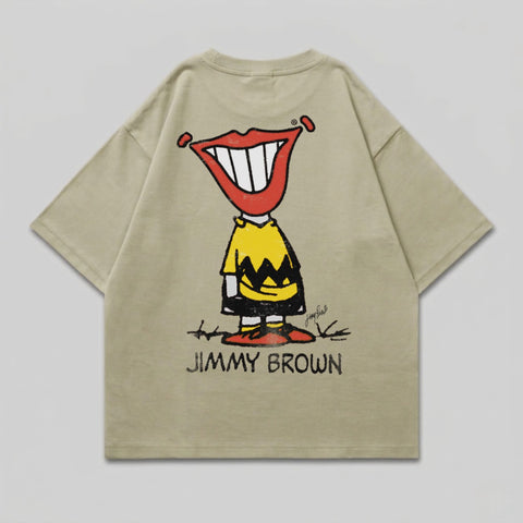 Tan t-shirt with a cartoon character featuring a wide smile and "JIMMY BROWN" text.