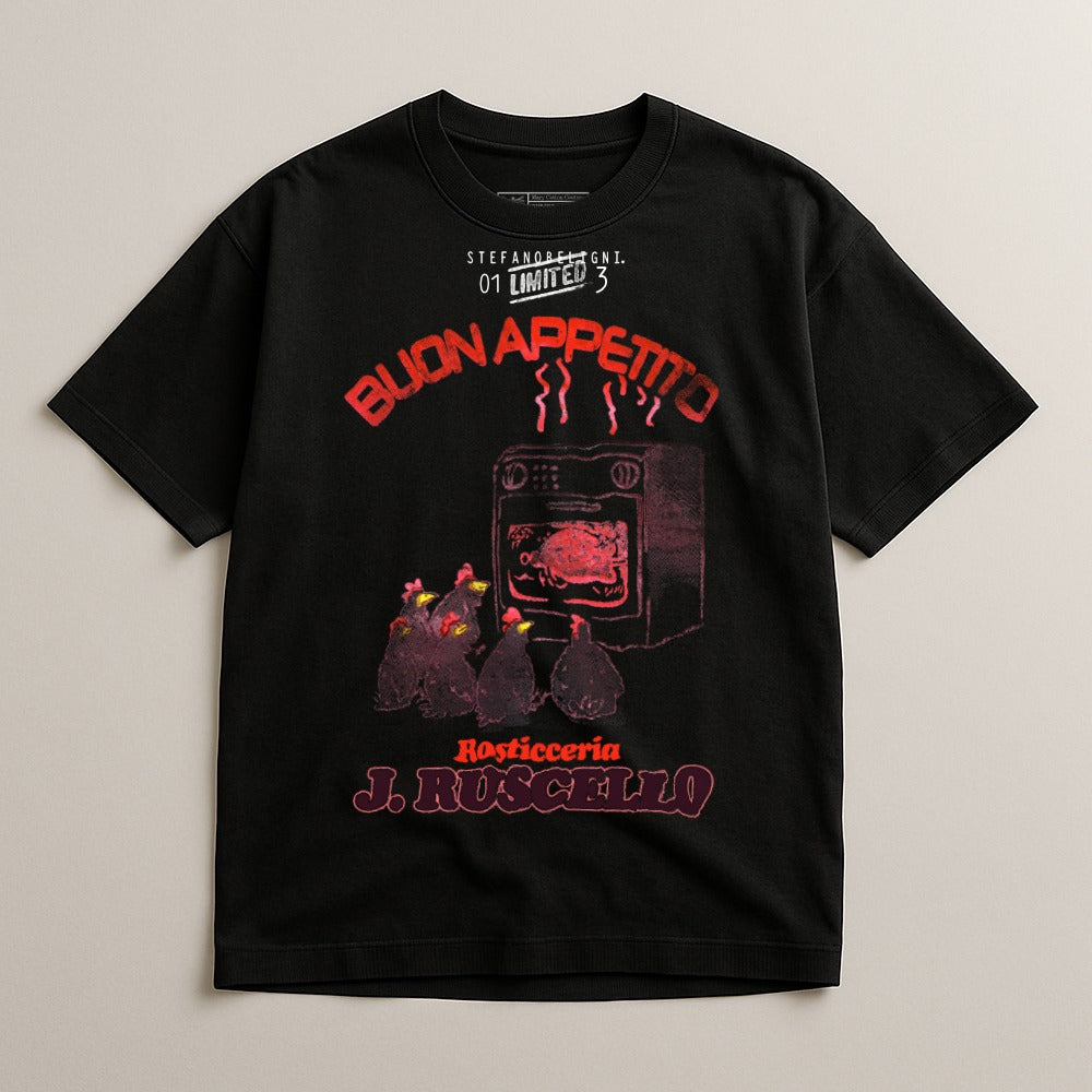 T-shirt graphic featuring a vintage oven with chickens and "Buon Appetito" text.