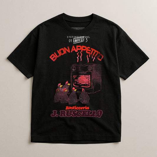 T-shirt graphic featuring a vintage oven with chickens and "Buon Appetito" text.
