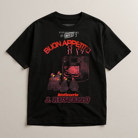 T-shirt graphic featuring a vintage oven with chickens and "Buon Appetito" text.