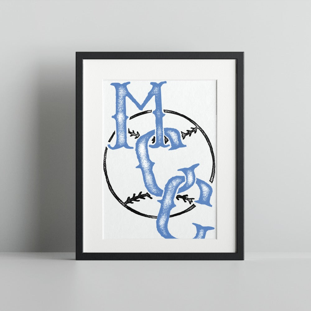 Monogram Circle Art Print with Blue Letters Decor