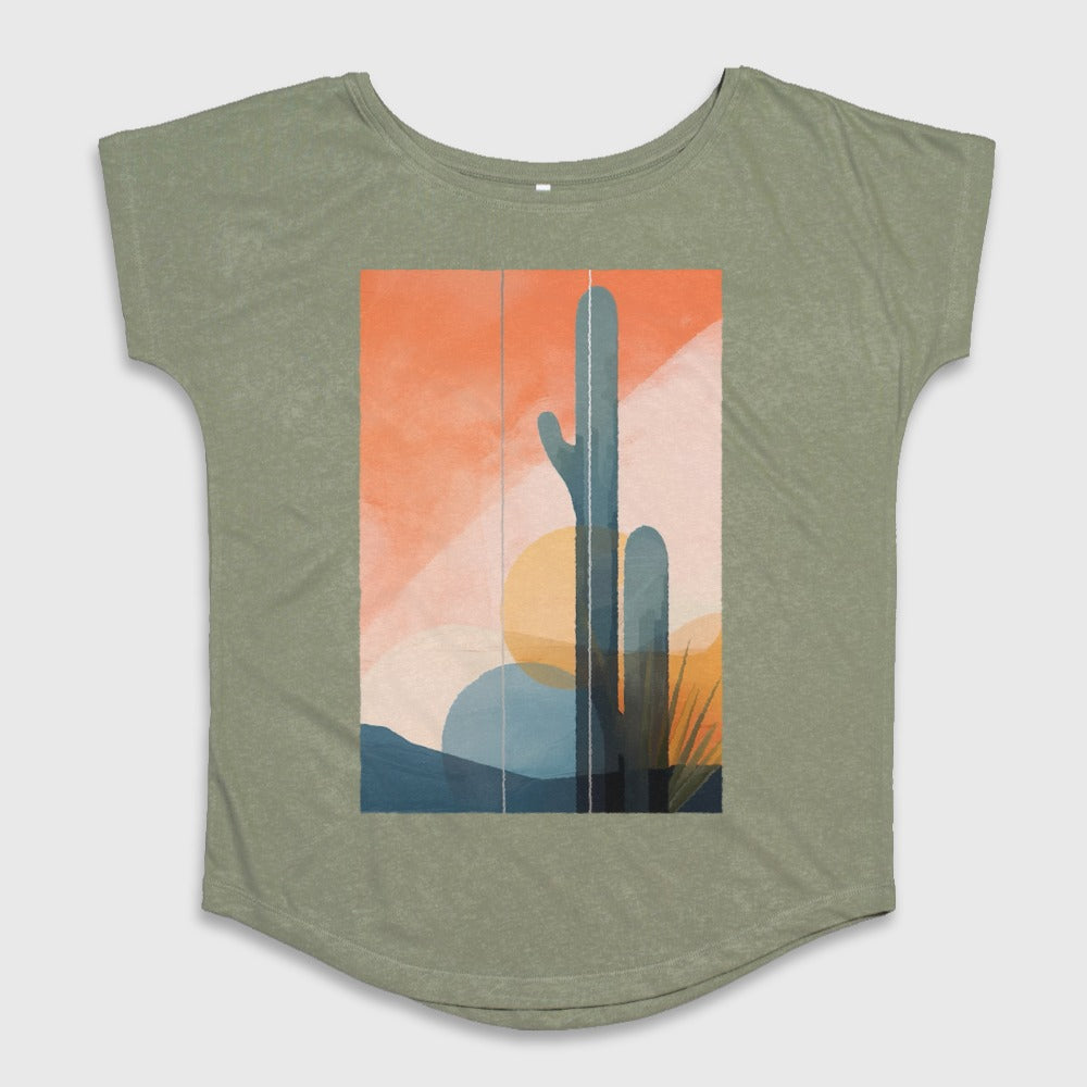Abstract Desert Cactus Art Graphic on Olive Green Top