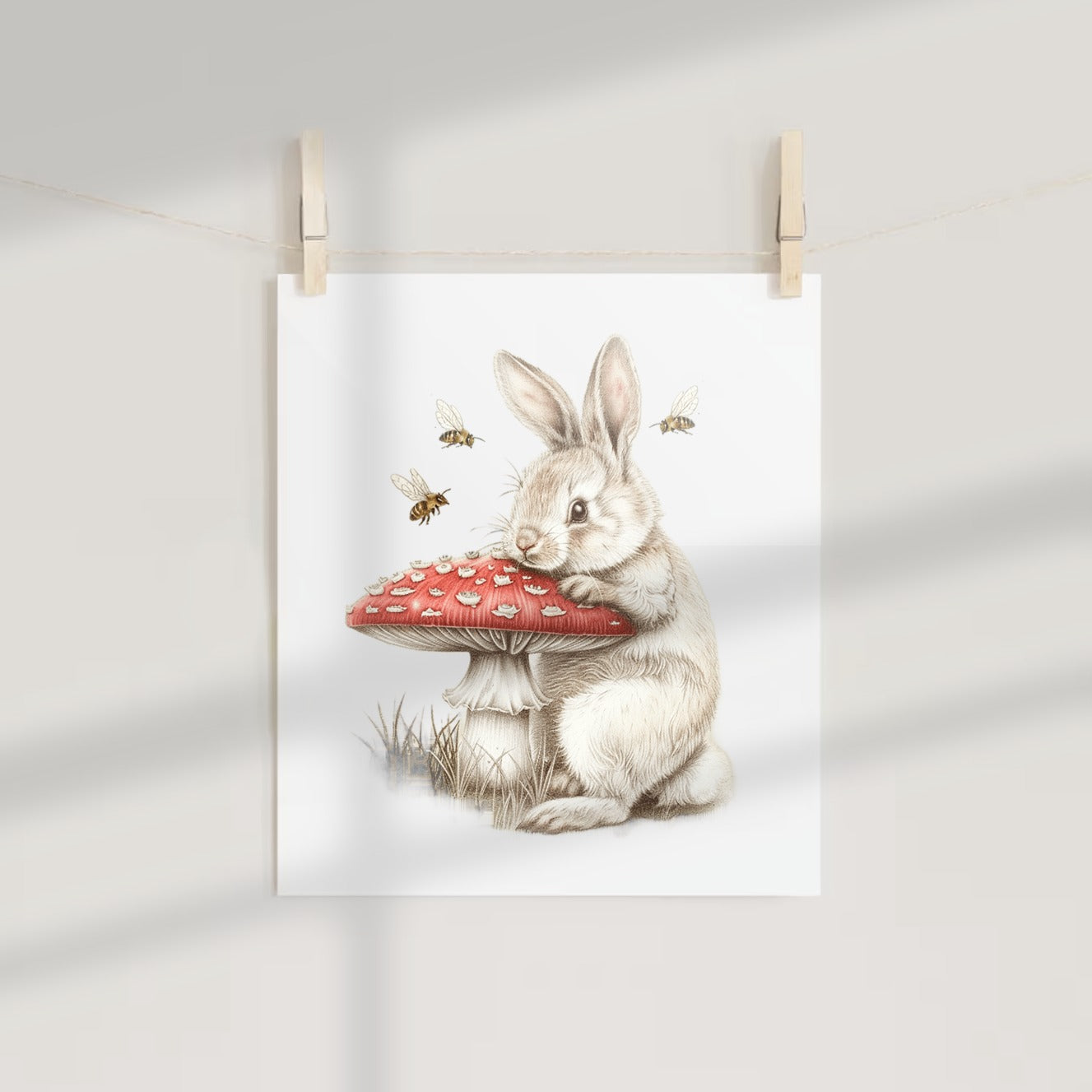 Cute Bunny with Mushroom and Bees Illustration Print