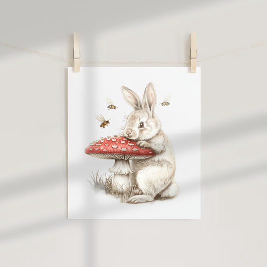 Cute Bunny with Mushroom and Bees Illustration Print