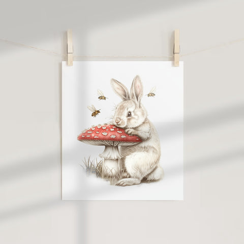 Cute Bunny with Mushroom and Bees Illustration Print
