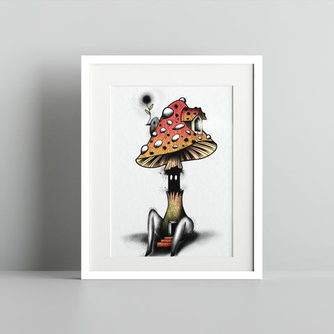 Whimsical Mushroom House Art Print Wall Decor Item