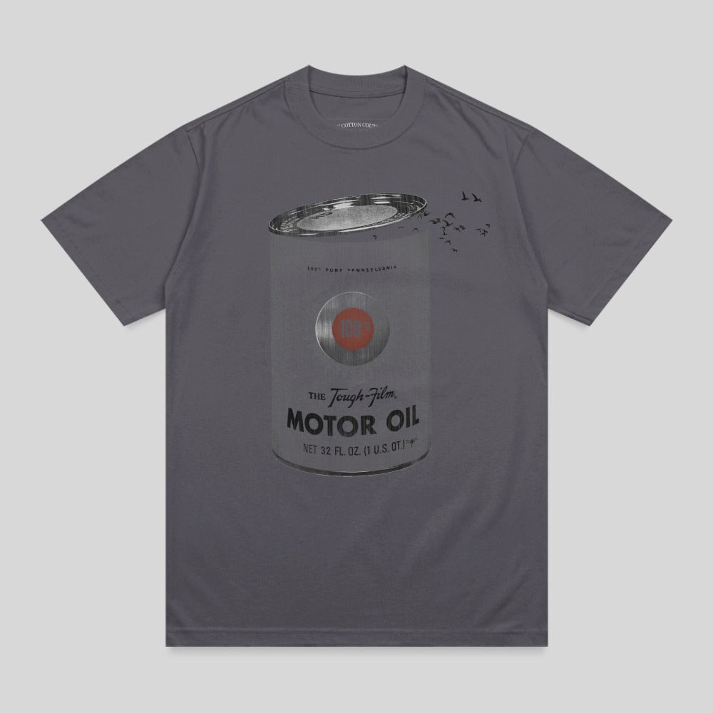 Gray t-shirt with a graphic of a vintage motor oil can.