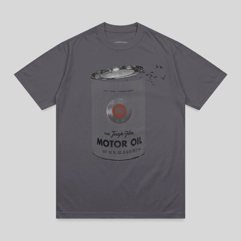 Gray t-shirt with a graphic of a vintage motor oil can.