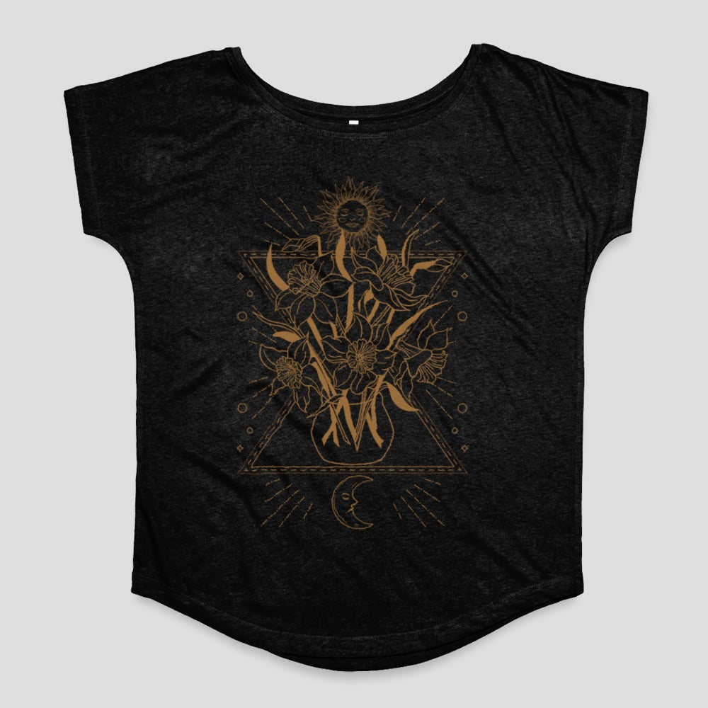 Sunflower and Moon Graphic Print Black T-shirt