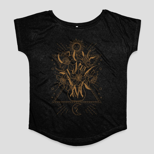 Sunflower and Moon Graphic Print Black T-shirt