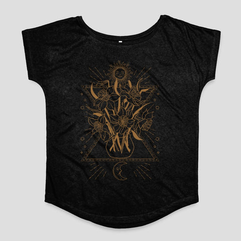 Sunflower and Moon Graphic Print Black T-shirt
