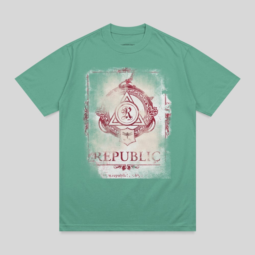 Teal t-shirt with distressed circular logo and "REPUBLIC" text.