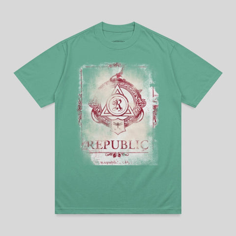 Teal t-shirt with distressed circular logo and "REPUBLIC" text.
