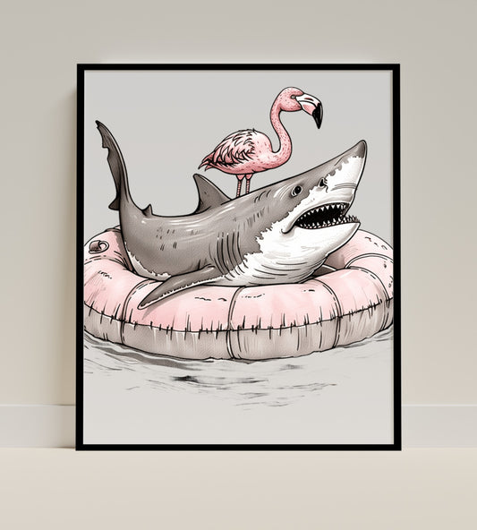 Shark and Flamingo Riding Pool Float Art Print