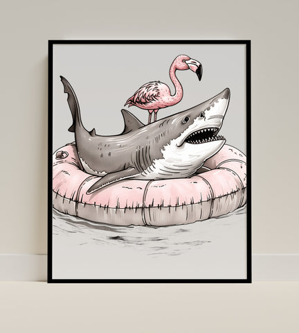 Shark and Flamingo Riding Pool Float Art Print