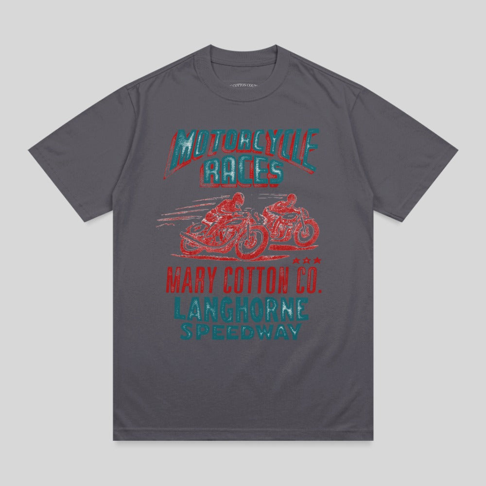T-shirt featuring distressed "Motorcycle Races" and "Mary Cotton Co. Langhorne Speedway" text.