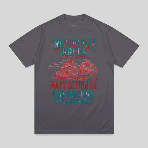 T-shirt featuring distressed "Motorcycle Races" and "Mary Cotton Co. Langhorne Speedway" text.