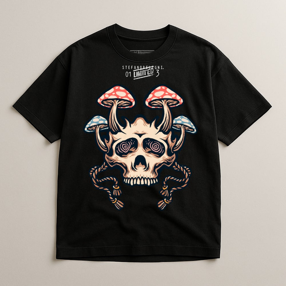 Black T-shirt with Colorful Skull and Mushroom Design